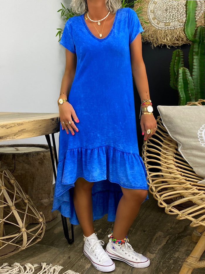 Simple Casual Loose V-Neck Short Sleeve Dress