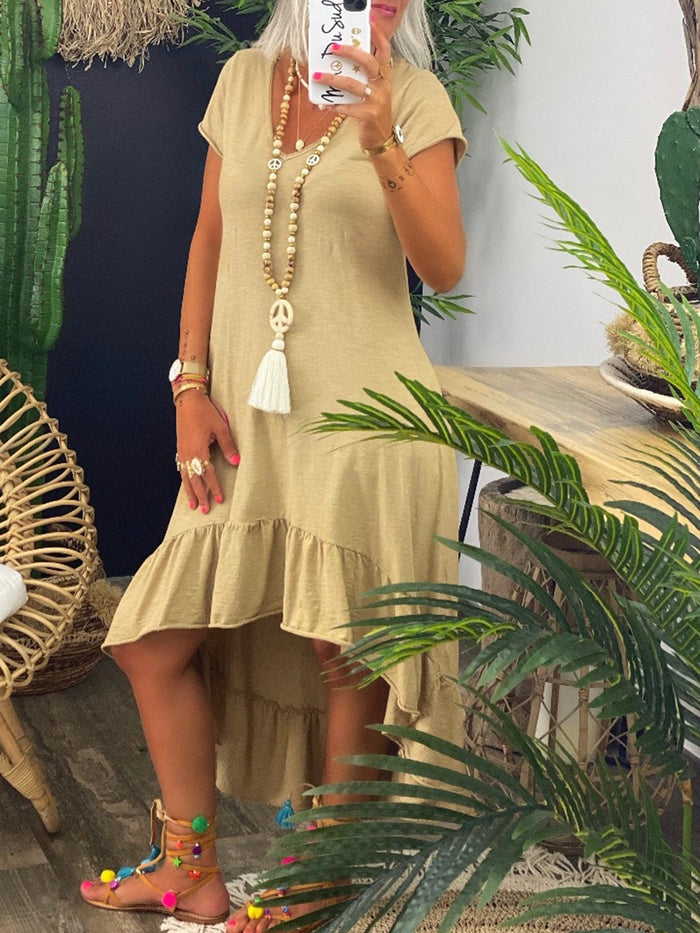 Simple Casual Loose V-Neck Short Sleeve Dress