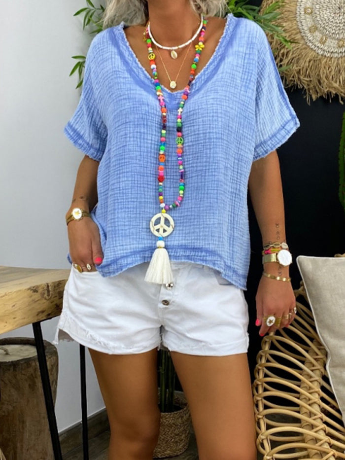 Simple Casual Loose V-Neck Short Sleeve Top