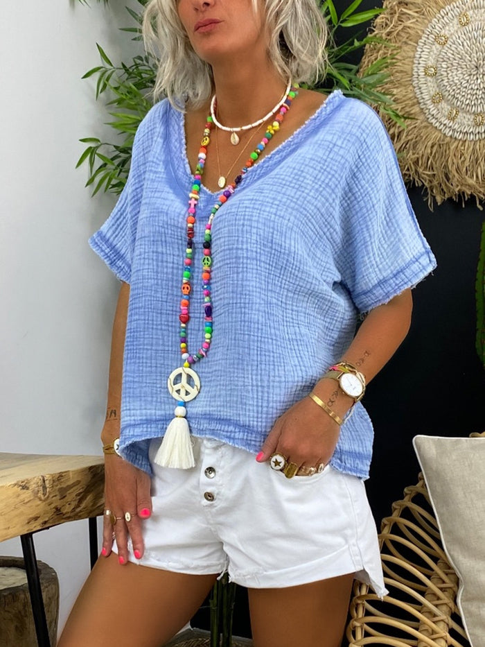 Simple Casual Loose V-Neck Short Sleeve Top