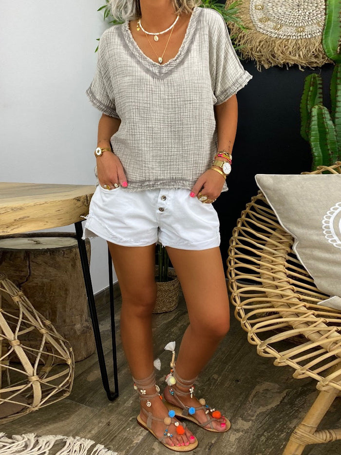 Simple Casual Loose V-Neck Short Sleeve Top