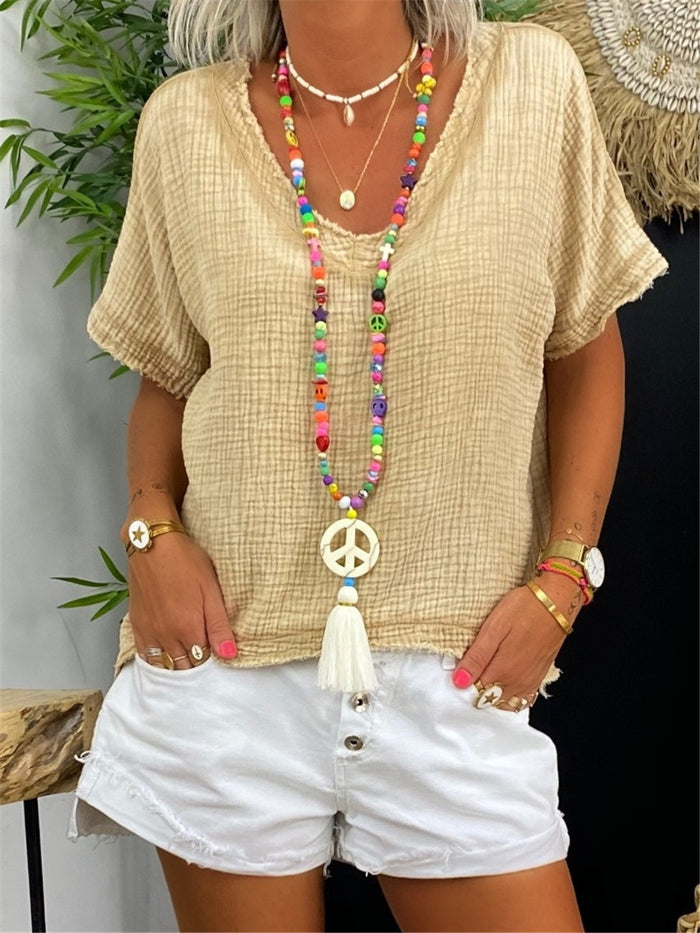 Simple Casual Loose V-Neck Short Sleeve Top