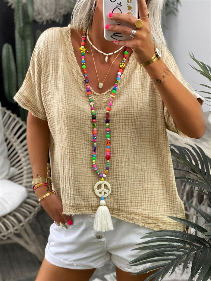 Simple Casual Loose V-Neck Short Sleeve Top