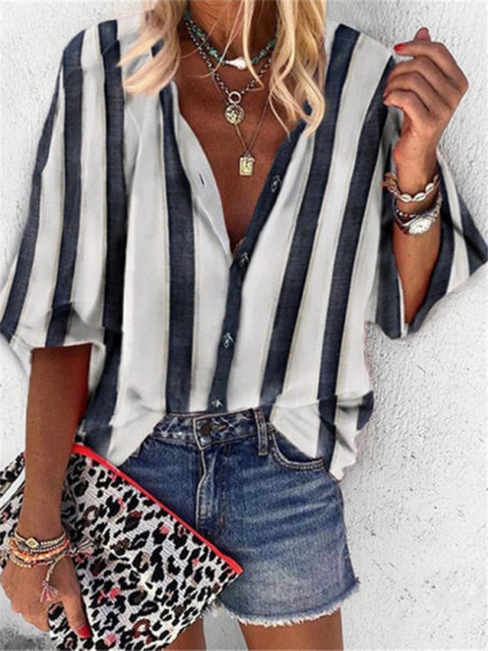 Simple Casual Loose V-Neck Striped Shirt Top