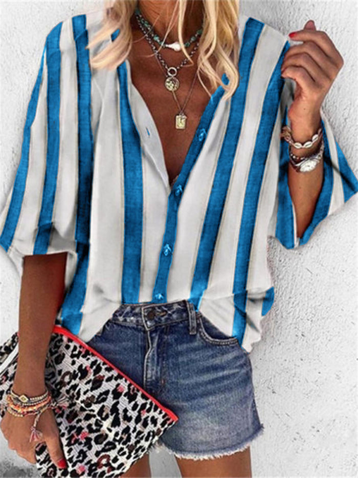 Simple Casual Loose V-Neck Striped Shirt Top