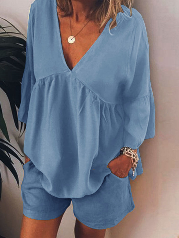 Simple Casual Loose V-Neck Top Shorts Set