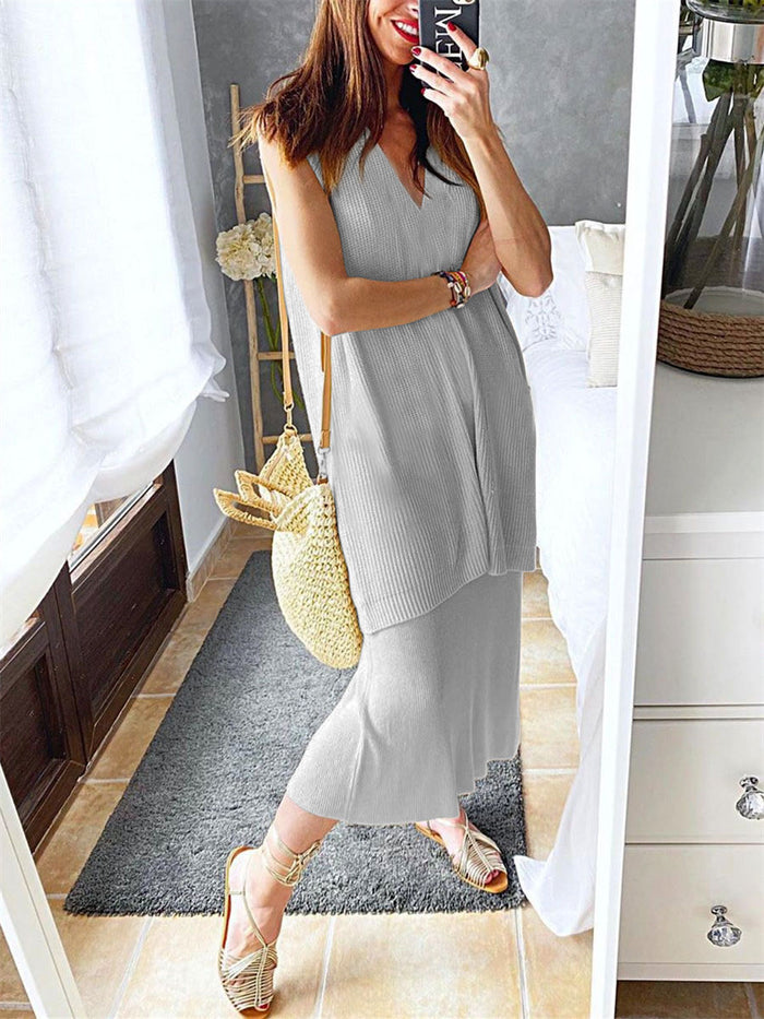 Simple Casual Loose V Neck Top Skirt Suit