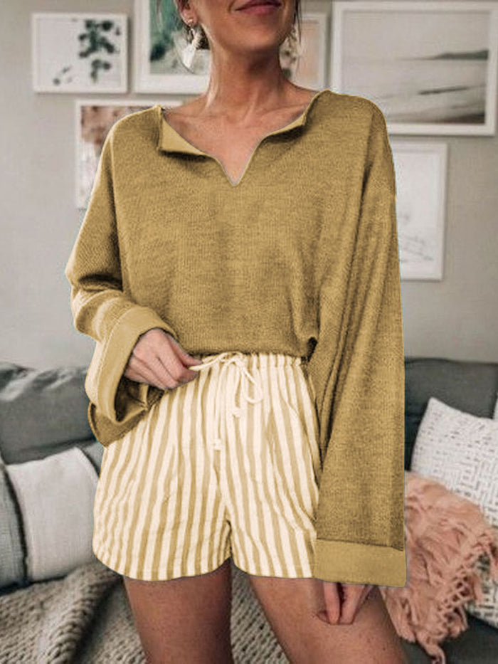 Simple Casual Loose V-Neck Top Striped Shorts Set