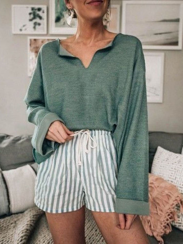 Simple Casual Loose V-Neck Top Striped Shorts Set