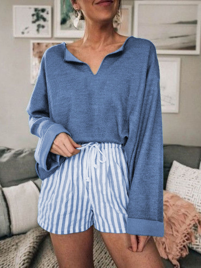 Simple Casual Loose V-Neck Top Striped Shorts Set