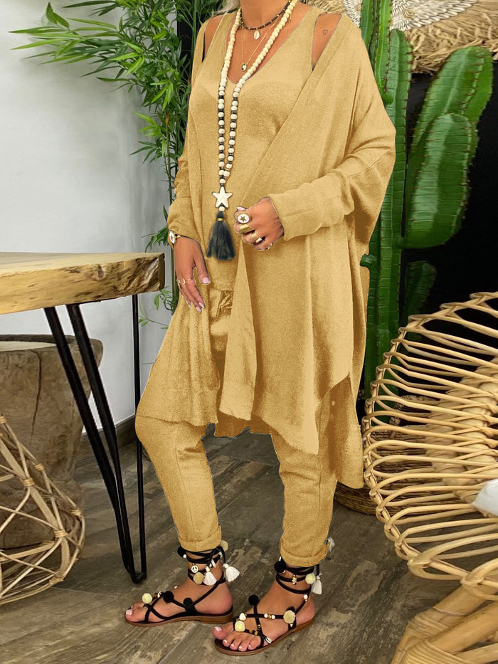 Simple Casual Loose Vest Tops Pants Coat Three Piece Set