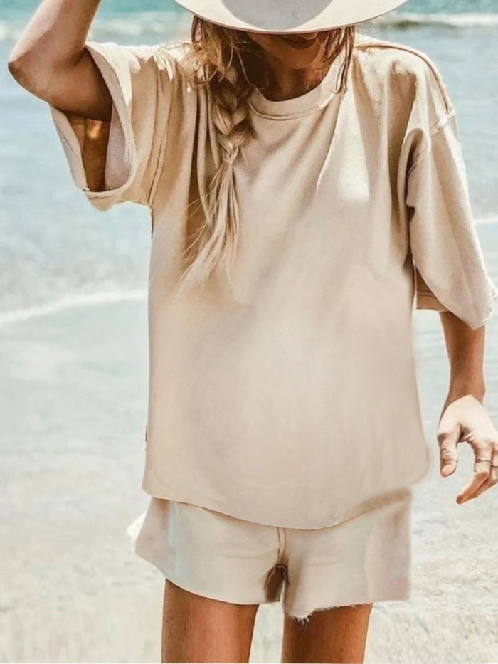 Simple Casual Short Sleeve Top Pants Suit