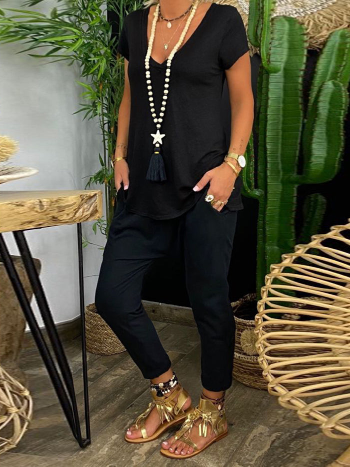 Simple Casual V-Neck Top Pants Set