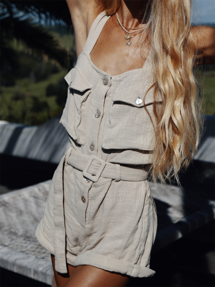 Sling Solid Color Button Boa Jumpsuit with Pockets