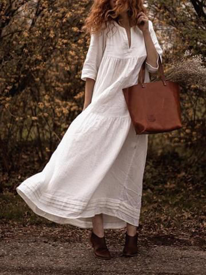 Solid Casual Pockets V Neck Half Sleeve Dresses