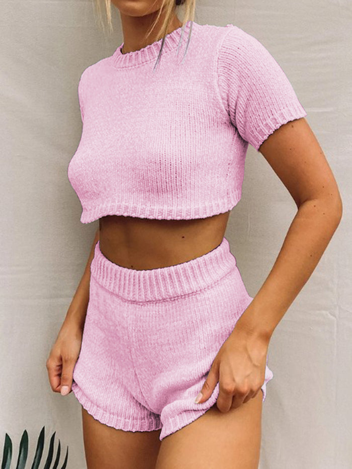 Solid Color Basic Short Sleeve Shorts Two-piece Suit