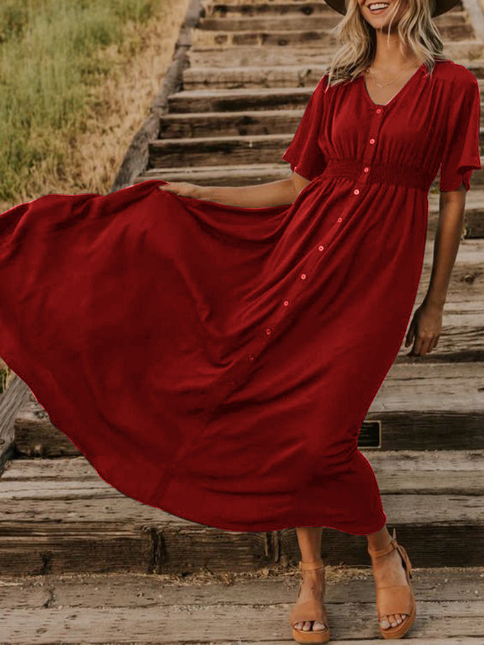 Solid Color Casual Button Dress