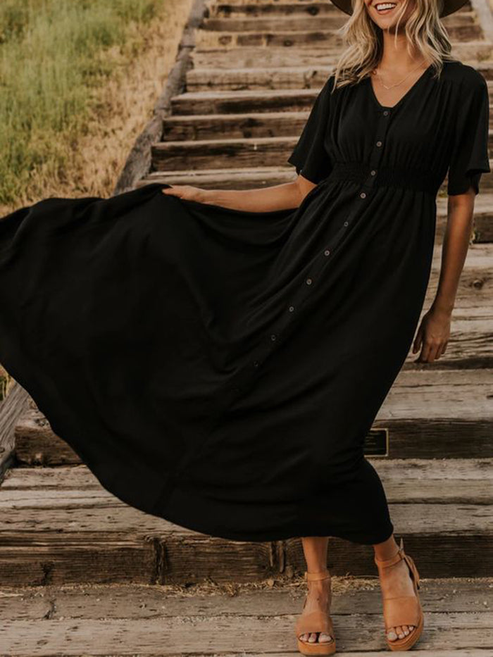 Solid Color Casual Button Dress