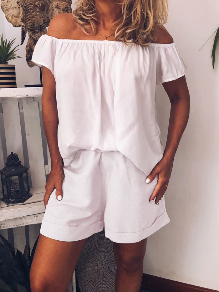Solid Color Off Shoulder Shorts Suit
