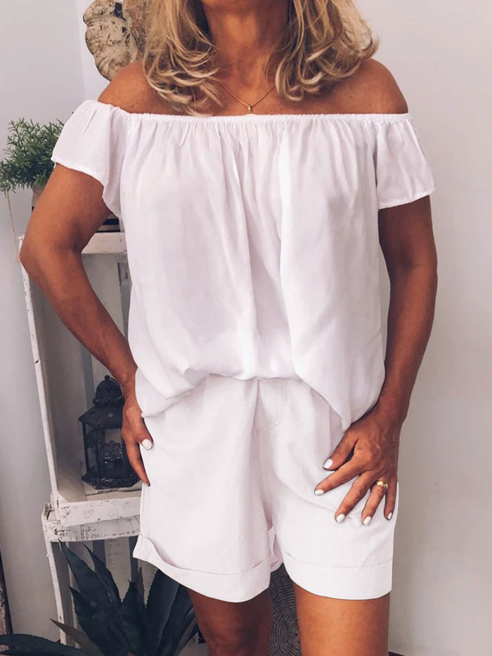 Solid Color Off Shoulder Shorts Suit