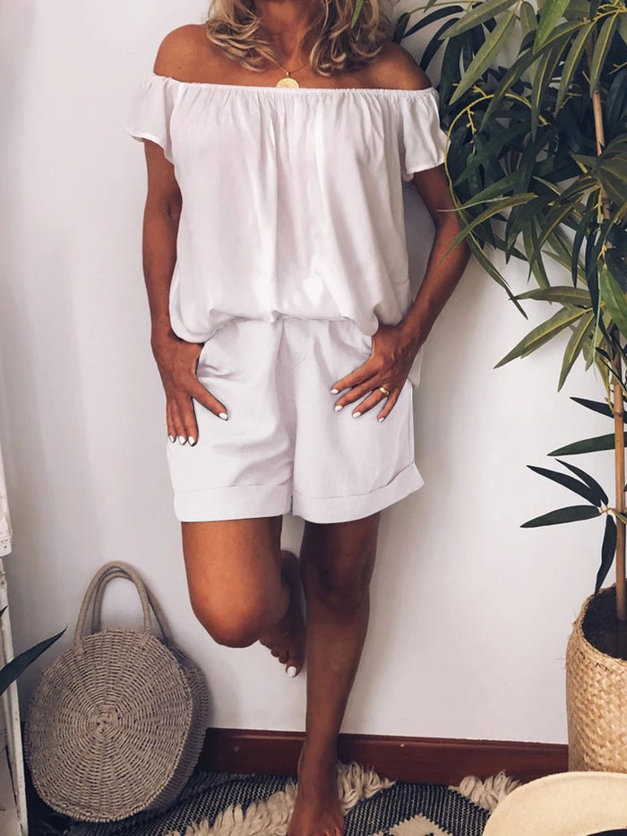 Solid Color Off Shoulder Shorts Suit
