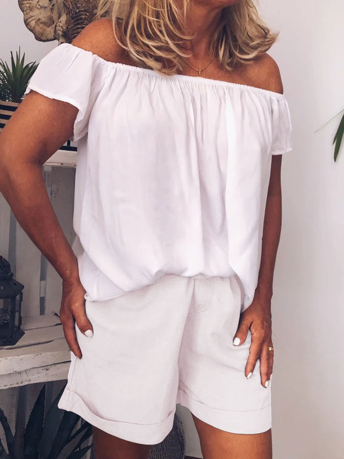 Solid Color Off Shoulder Shorts Suit