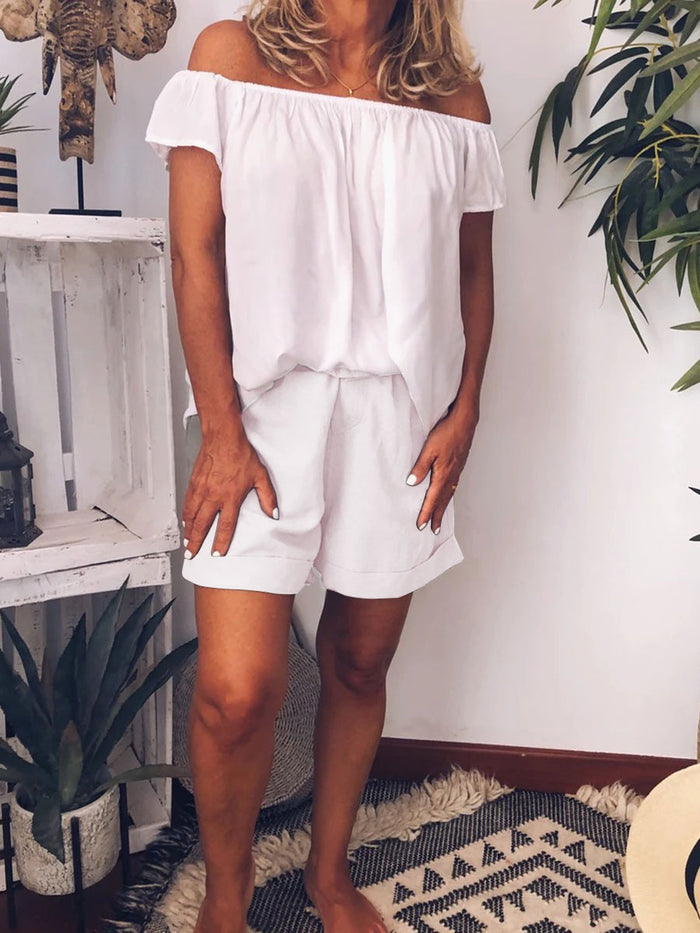 Solid Color Off Shoulder Shorts Suit
