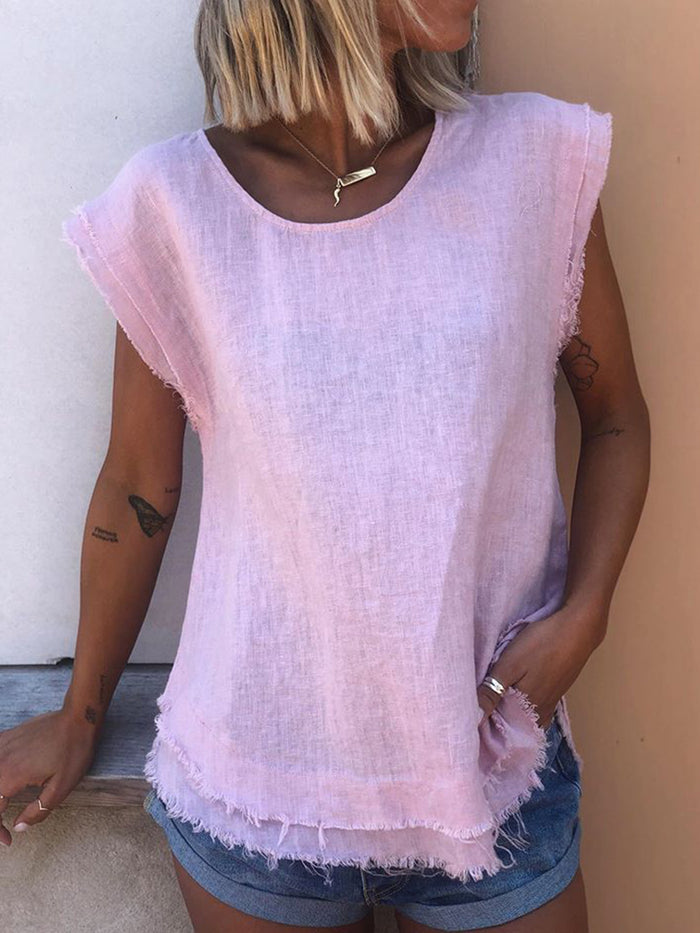 Solid color round neck sleeveless casual T-shirt