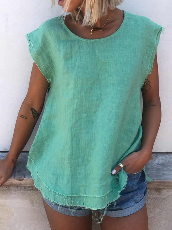 Solid color round neck sleeveless casual T-shirt