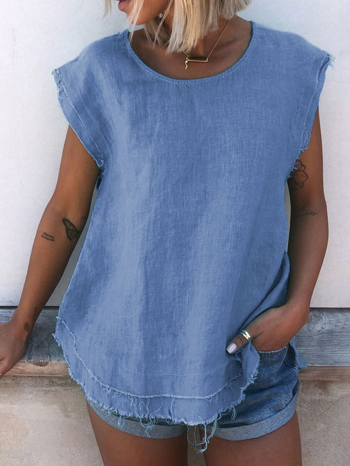 Solid color round neck sleeveless casual T-shirt