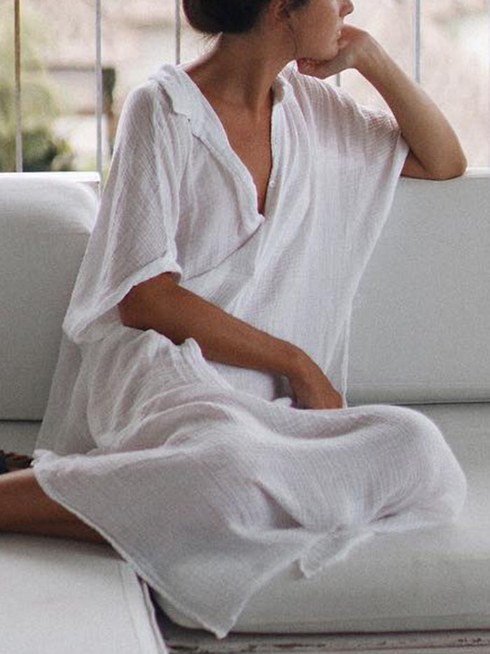 Solid Color Shirt Collar Casual Dress