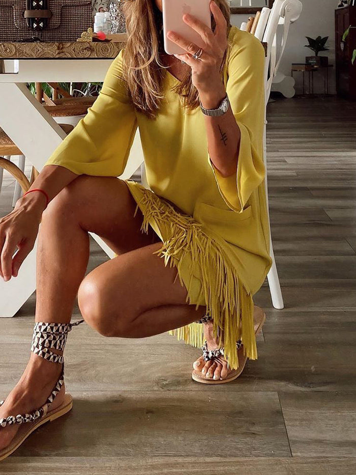 Solid Color V-Neck Tassel Dress