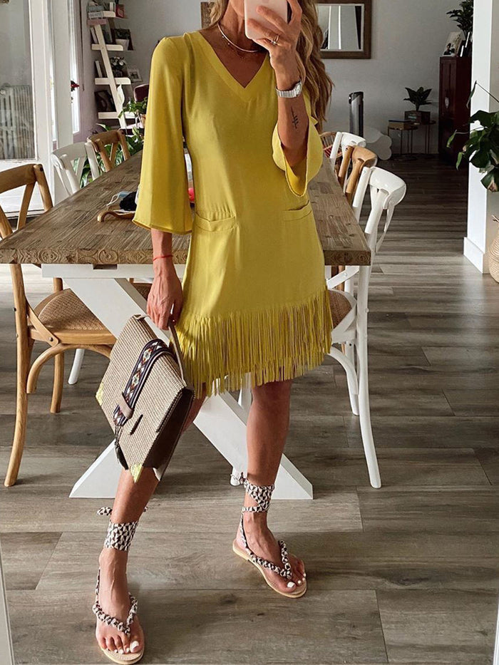 Solid Color V-Neck Tassel Dress