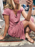Solid Cotton-Blend Casual V Neck Dresses