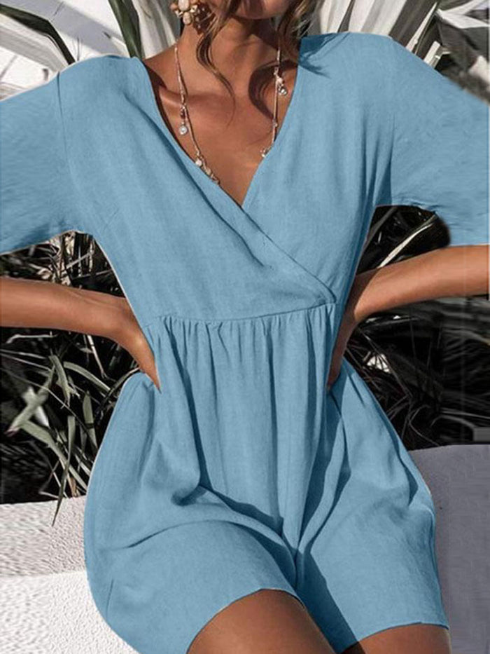 Solid Cross Front V-neck Pleated Casual Dress