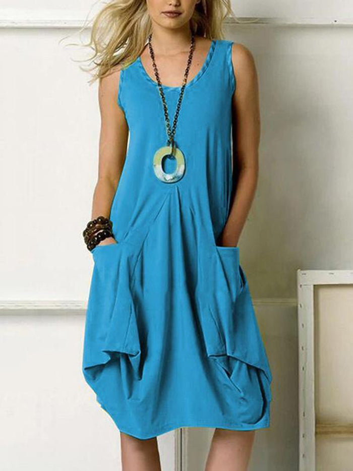 Solid Pockets Sleeveless Casual Midi Dress