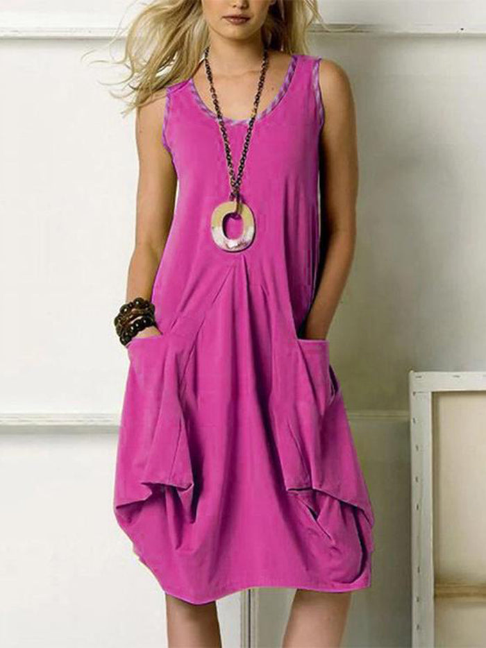 Solid Pockets Sleeveless Casual Midi Dress