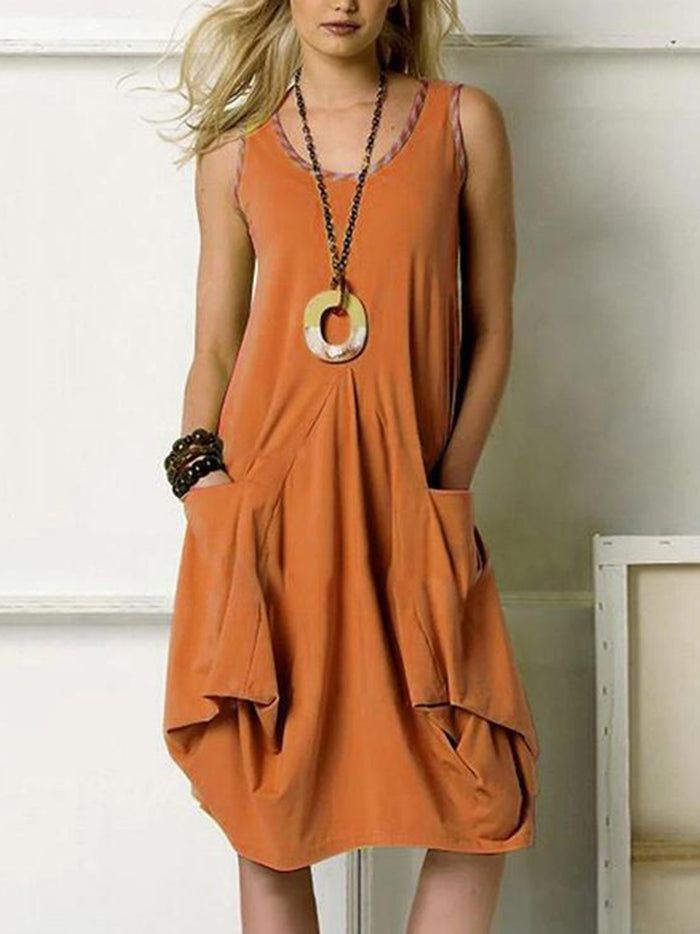 Solid Pockets Sleeveless Casual Midi Dress