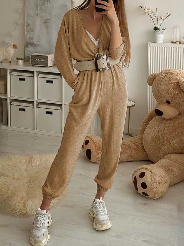 Solid V-neck Long Sleeve Casual Jumpsuit
