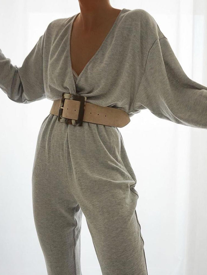 Solid V-neck Long Sleeve Casual Jumpsuit