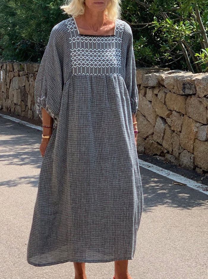 Square Neck Thousand Bird Plaid Long Dress