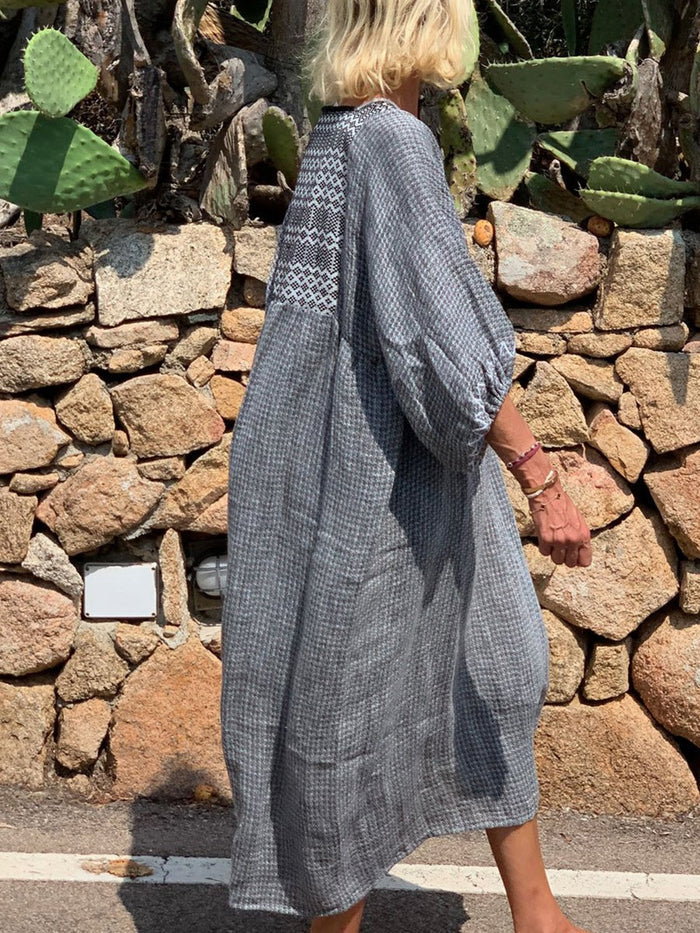 Square Neck Thousand Bird Plaid Long Dress
