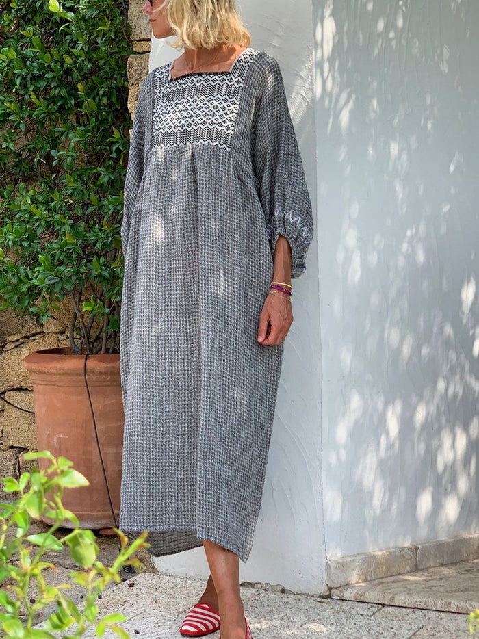 Square Neck Thousand Bird Plaid Long Dress