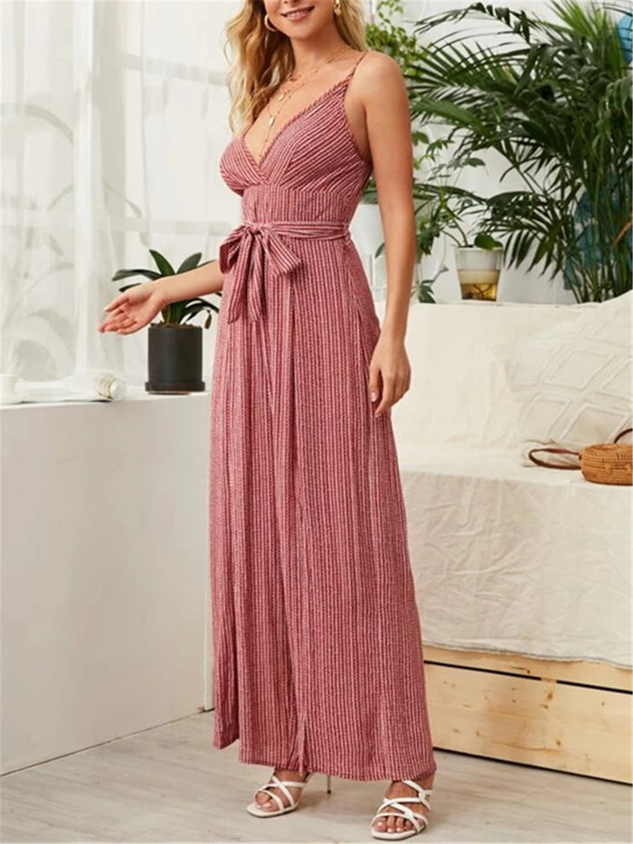 Striped Jumpsuit with V Neck