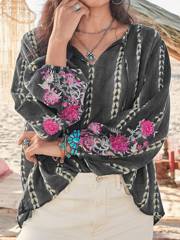 Stylish Bohemian Printed V-neck Long-sleeved T-shirt