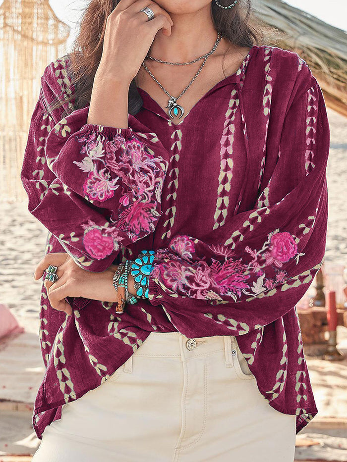 Stylish Bohemian Printed V-neck Long-sleeved T-shirt