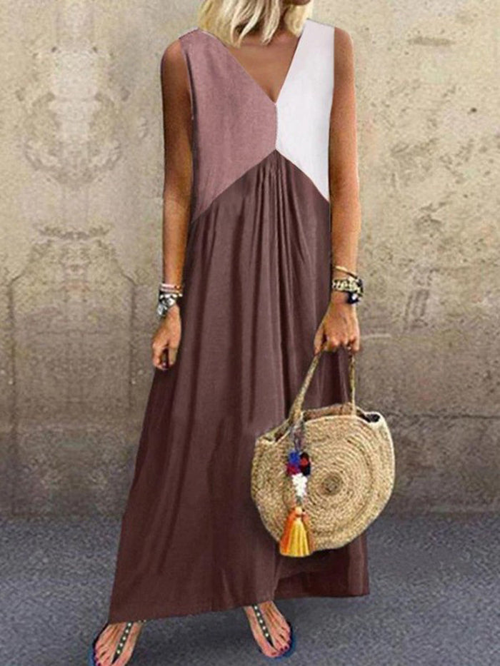 Tricolor Stitching Round Neck Casual Dress