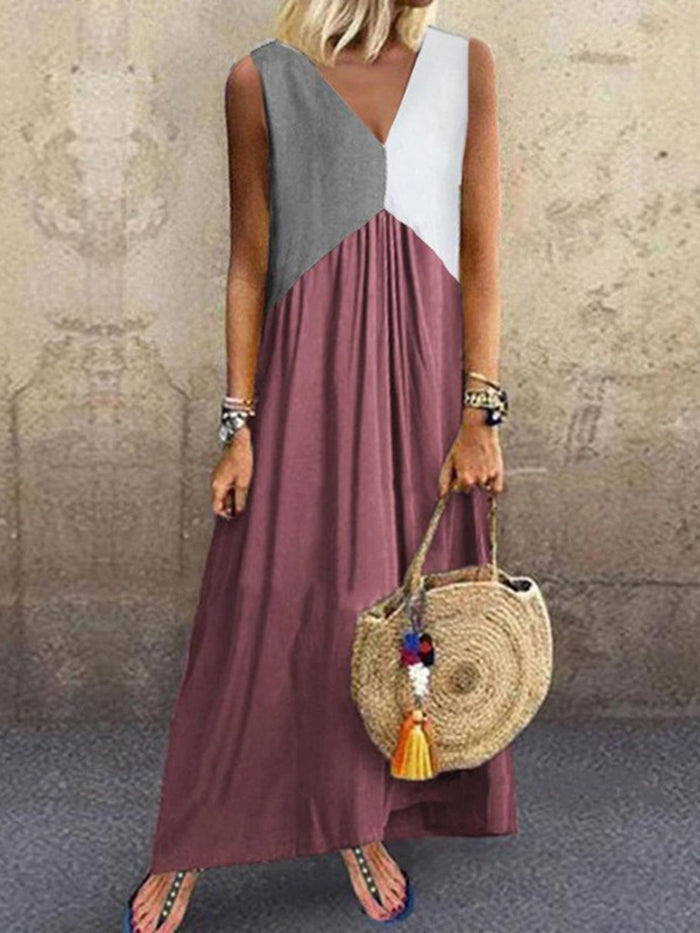 Tricolor Stitching Round Neck Casual Dress