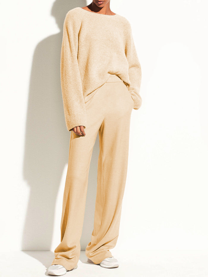 Two Piece Set of Casual Loose Round Neck Knitted Top Trousers