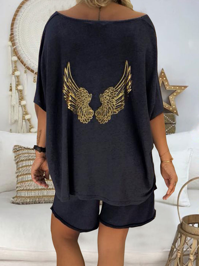 Two-piece Suit with Wings Printed on The Back of Casual Round Neck